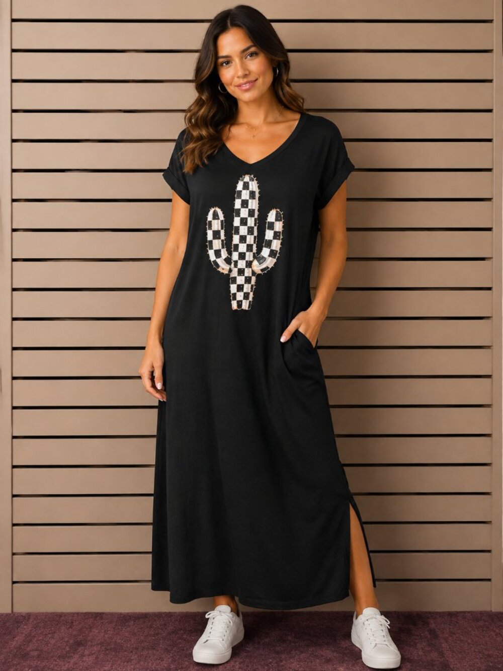Capella Desert Checkered Cactus Tee Shirt Dress (Black)